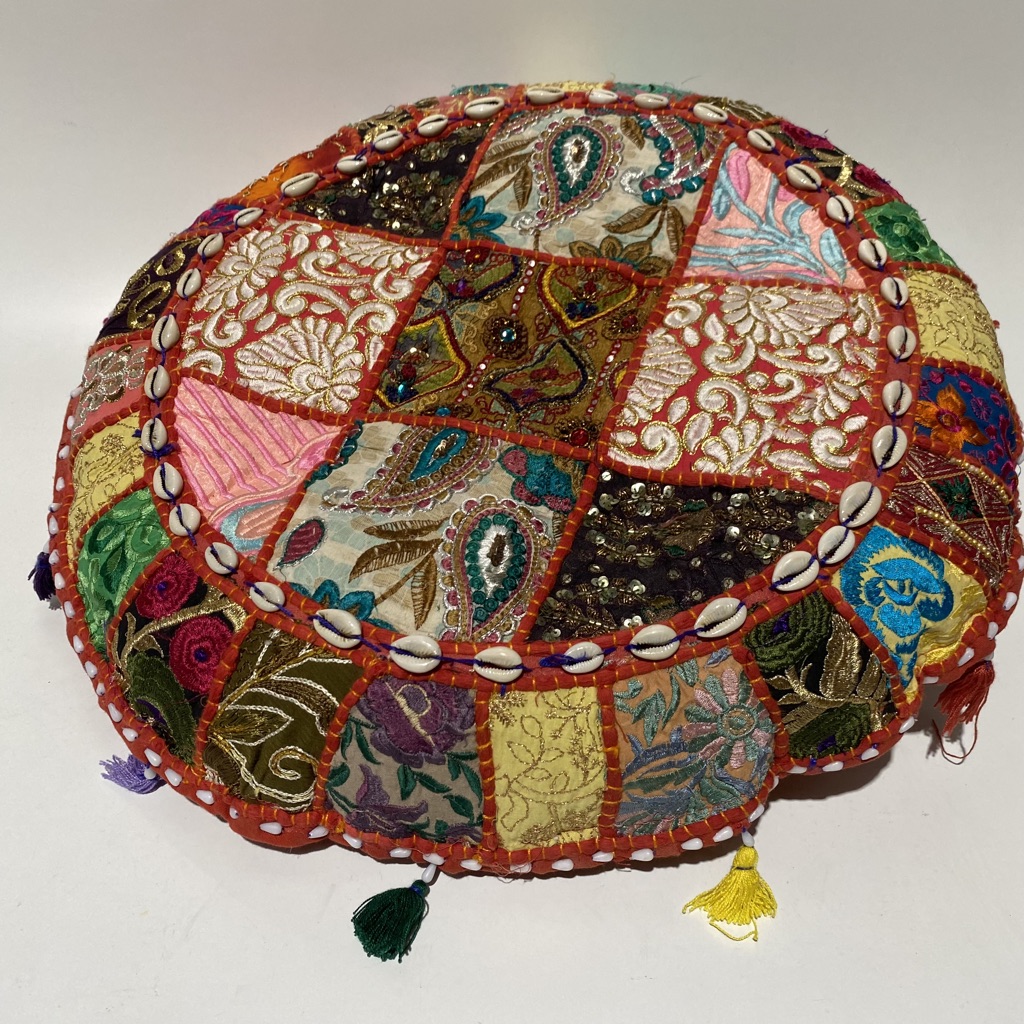 CUSHION, Indian Patchwork w Shell Detail (Large Round)
